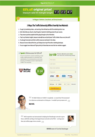Scarcity bar at the top of the checkout page for Neil Patel's Quicksprout traffic course